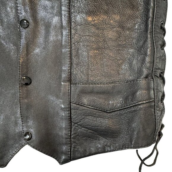 UNIK Men's Black Leather Motorcycle Vest Sz 42 Snaps Lace-Up Sides Pockets Biker - Picture 5 of 16